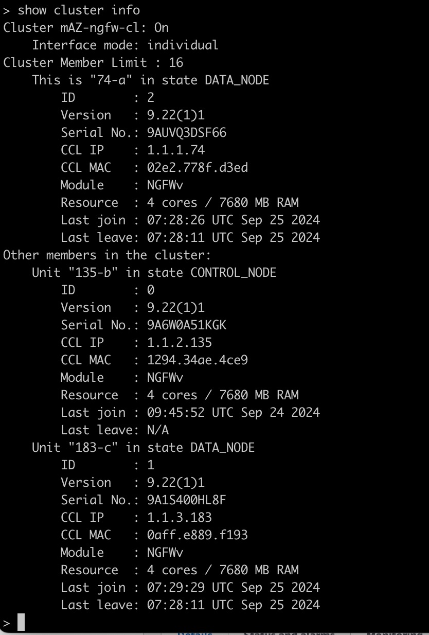 The image illustrates the output of the CLI command "show cluster info," displaying the cluster status with one unit in CONTROL_NODE state and the others in DATA_NODE state.