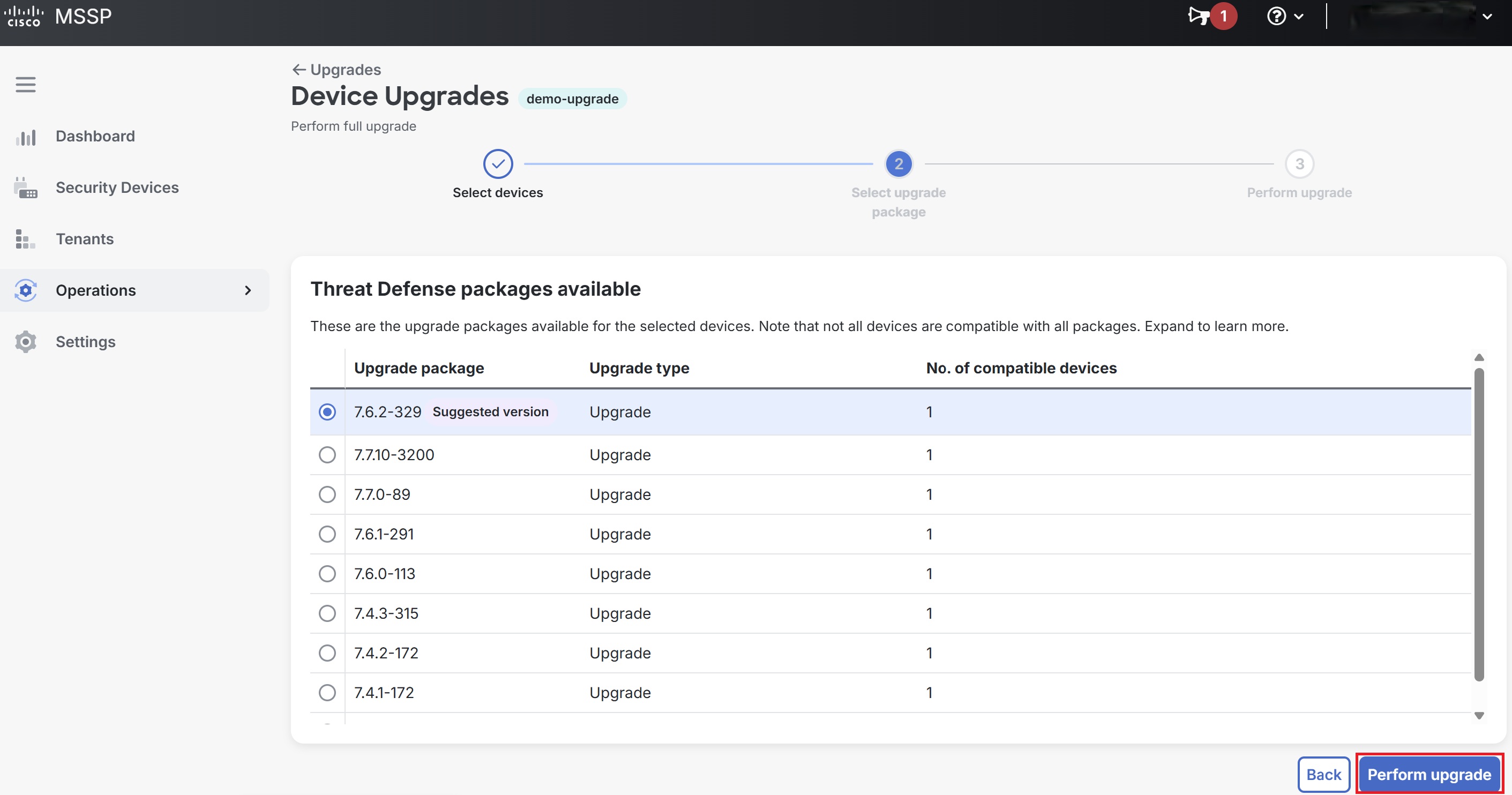 Screenshot of the Device Upgrades page with Perform upgrade button highlighted.