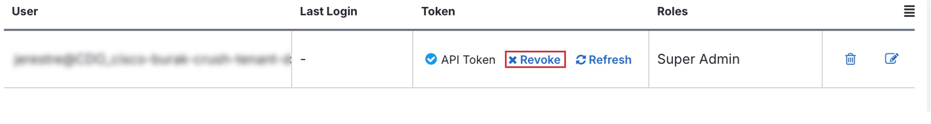 Screenshot showing the revoke button for the API Token.
